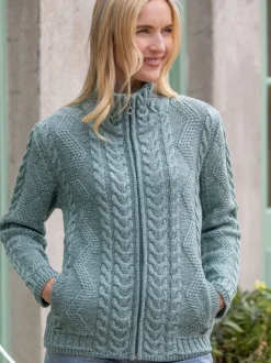 Ladies Aran Turtleneck Zip Aqua