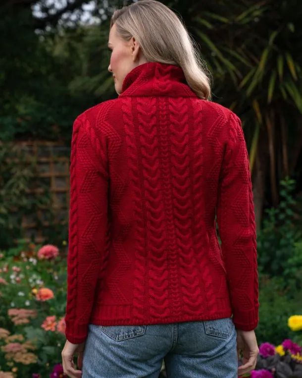 Ladies Aran Turtleneck Zip Cardigan Red