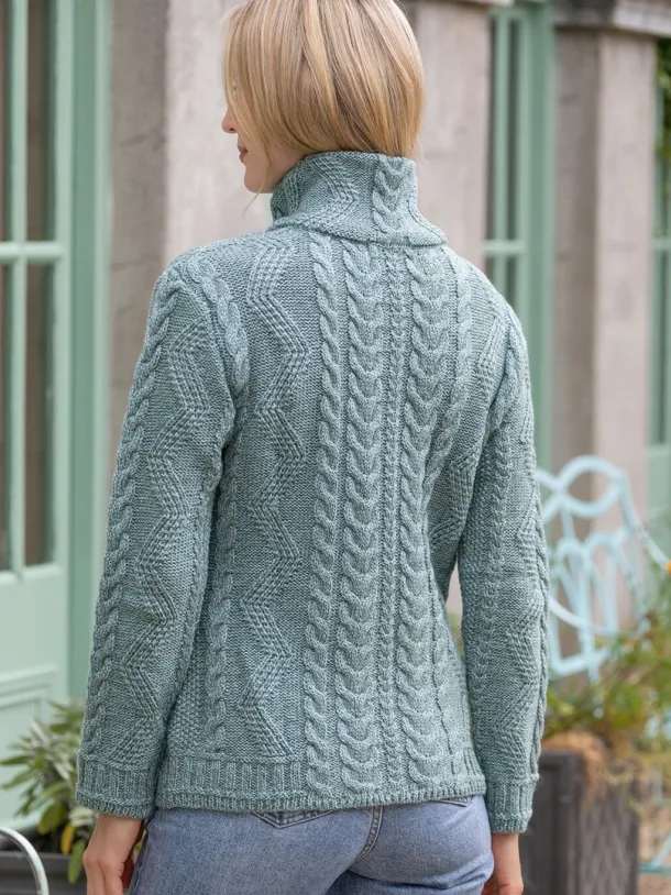 Ladies Aran Turtleneck Zip Aqua