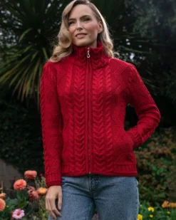 Ladies Aran Turtleneck Zip Cardigan Red