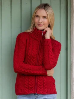 Ladies Aran Turtleneck Zip Cardigan Red