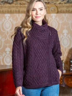 Ladies Cable Knit Side Zip Cardigan - Purple