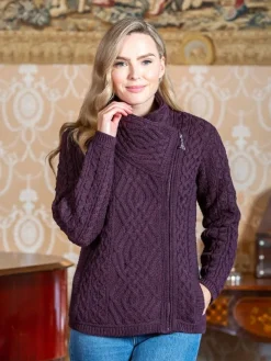 Ladies Cable Knit Side Zip Cardigan - Purple