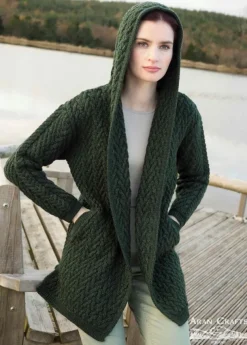 Ladies Herringbone Shawl Collar Hooded Coat Army