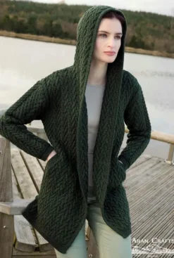 Ladies Herringbone Shawl Collar Hooded Coat Army