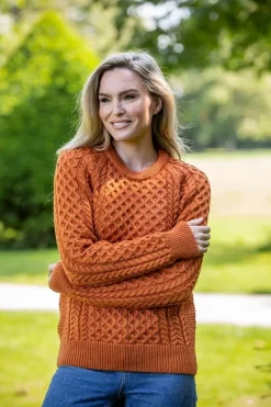 Ladies Merino Wool Aran Sweater - Orange