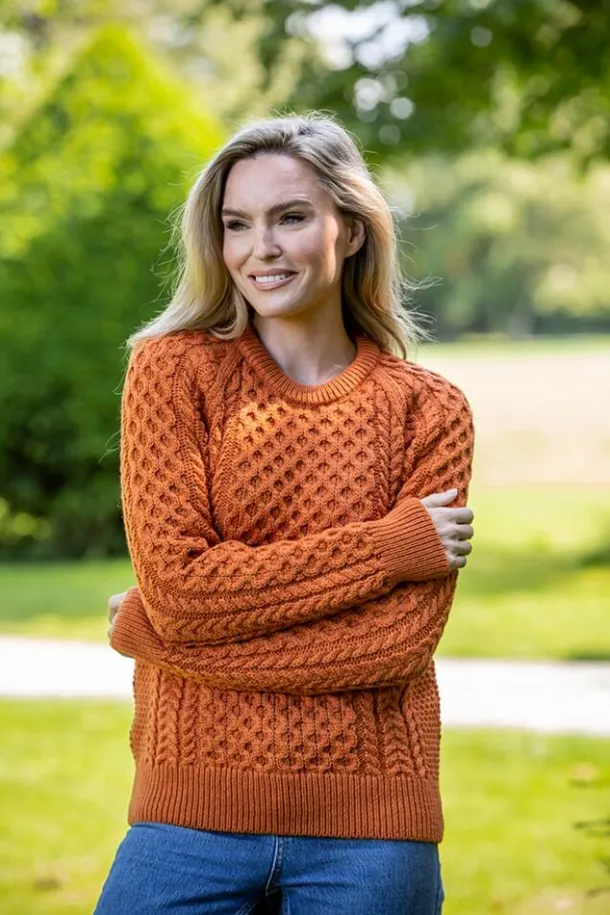 Ladies Merino Wool Aran Sweater - Orange