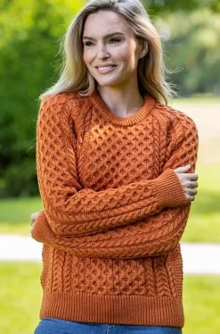 Ladies Merino Wool Aran Sweater - Orange