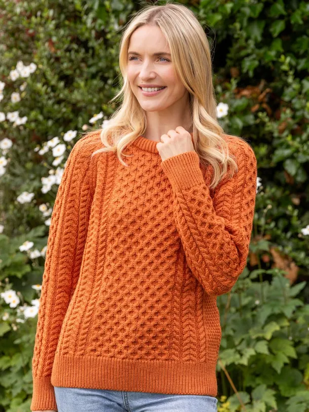 Ladies Merino Wool Aran Sweater - Orange