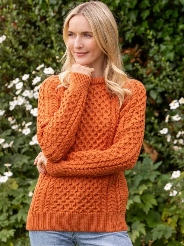 Ladies Merino Wool Aran Sweater - Orange