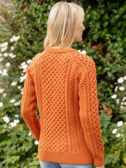Ladies Merino Wool Aran Sweater - Orange
