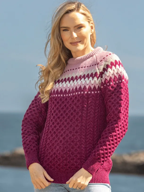 Ladies Merino Wool Fitted Fairisle Sweater Raspberry