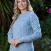 Ladies Merino Wool Fitted Aran Sweater Sky Blue