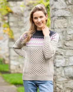 Ladies Merino Wool Fitted Fairisle Sweater Oatmeal
