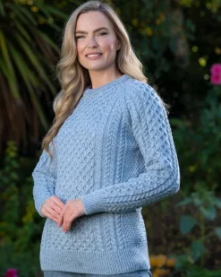 Ladies Merino Wool Fitted Aran Sweater Sky Blue