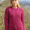 Ladies Merino Wool Fitted Aran Sweater Raspberry
