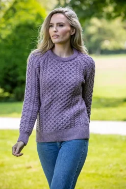 Ladies Merino Wool Fitted Aran Sweater LAVENDER