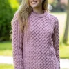 Ladies Merino Wool Fitted Aran Sweater Pink