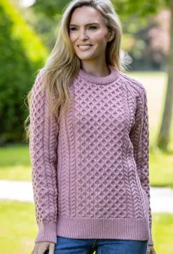 Ladies Merino Wool Fitted Aran Sweater Pink