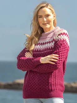 Ladies Merino Wool Fitted Fairisle Sweater Raspberry