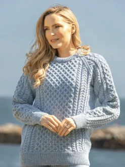 Ladies Merino Wool Fitted Aran Sweater Sky Blue