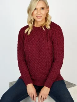 Ladies Merino Wool Fitted Aran Sweater Raspberry