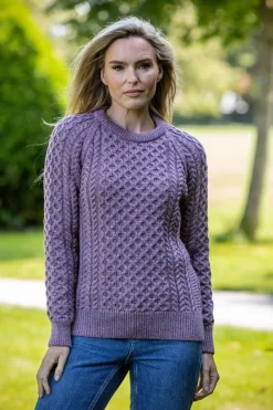 Ladies Merino Wool Fitted Aran Sweater LAVENDER