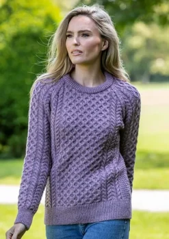 Ladies Merino Wool Fitted Aran Sweater LAVENDER