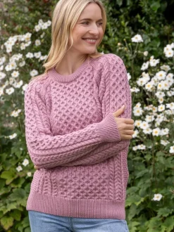 Ladies Merino Wool Fitted Aran Sweater Pink
