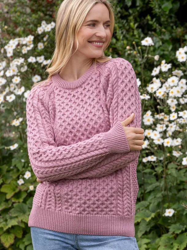 Ladies Merino Wool Fitted Aran Sweater Pink
