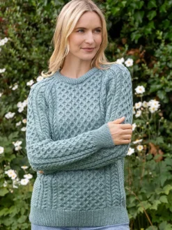 Ladies Merino Wool Fitted Aran Sweater Aqua