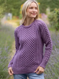 Ladies Merino Wool Fitted Aran Sweater LAVENDER
