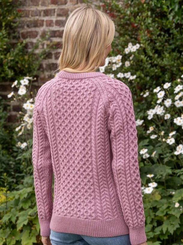 Ladies Merino Wool Fitted Aran Sweater Pink