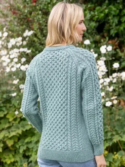 Ladies Merino Wool Fitted Aran Sweater Aqua