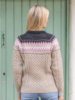 Ladies Merino Wool Fitted Fairisle Sweater Oatmeal