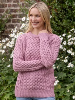 Ladies Merino Wool Fitted Aran Sweater Pink