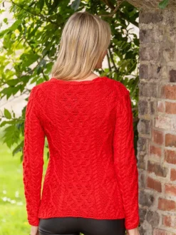 Lambay Lattice Cable Knit Aran Sweater Scarlet