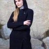 Long Heart Design Hooded Coat - Navy