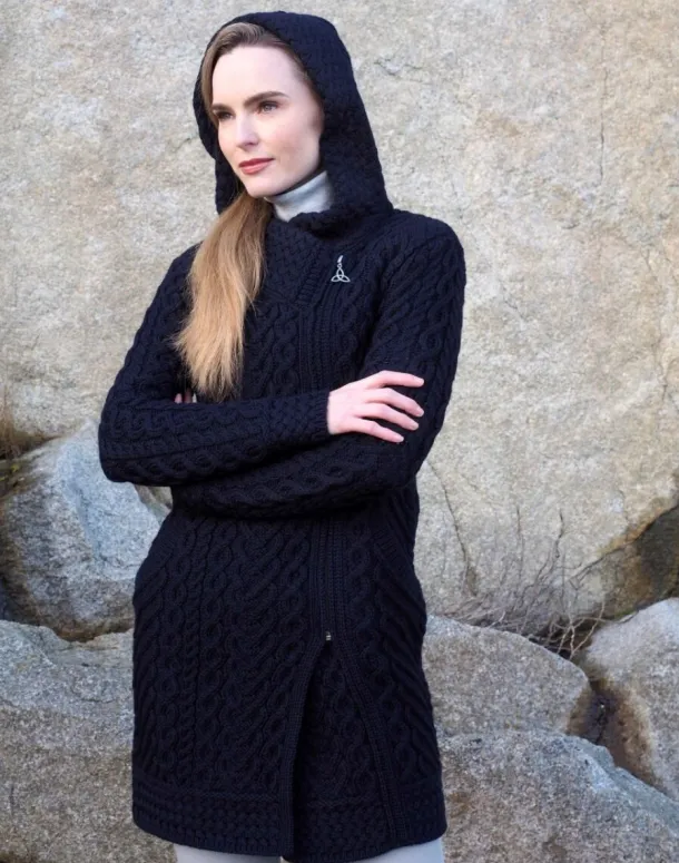 Long Heart Design Hooded Coat - Navy
