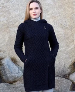 Long Heart Design Hooded Coat - Navy