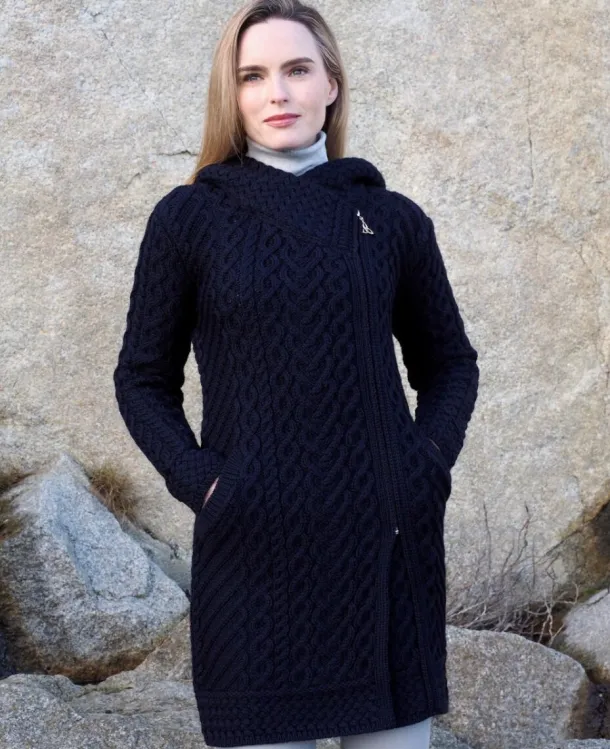 Long Heart Design Hooded Coat - Navy