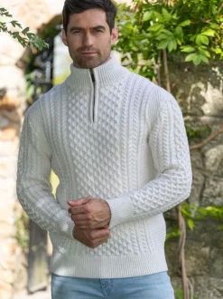 Mens Aran Half Zip Neck Sweater Natural