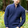 Mens Aran Half Zip Neck Sweater Deep Water Blue