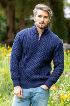 Mens Aran Half Zip Neck Sweater Deep Water Blue