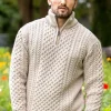 Mens Aran Half Zip Neck Sweater Beige