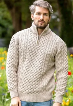 Mens Aran Half Zip Neck Sweater Beige