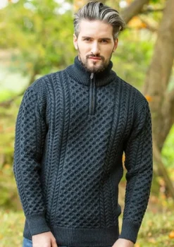 Mens Aran Half Zip Neck Sweater Blackwatch
