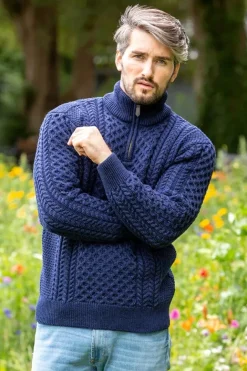 Mens Aran Half Zip Neck Sweater Deep Water Blue