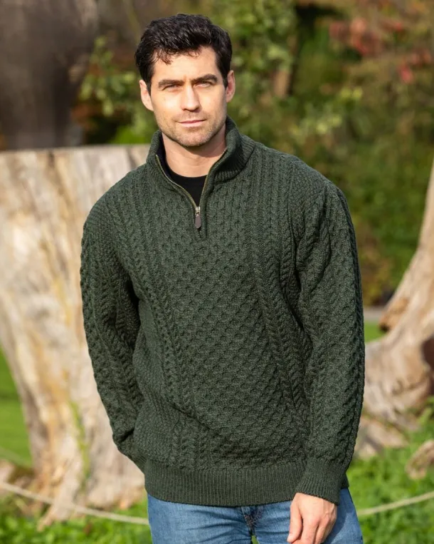 Mens Aran Half Zip Neck Sweater Army Green