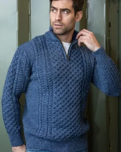 Mens Aran Half Zip Neck Sweater Denim Marl